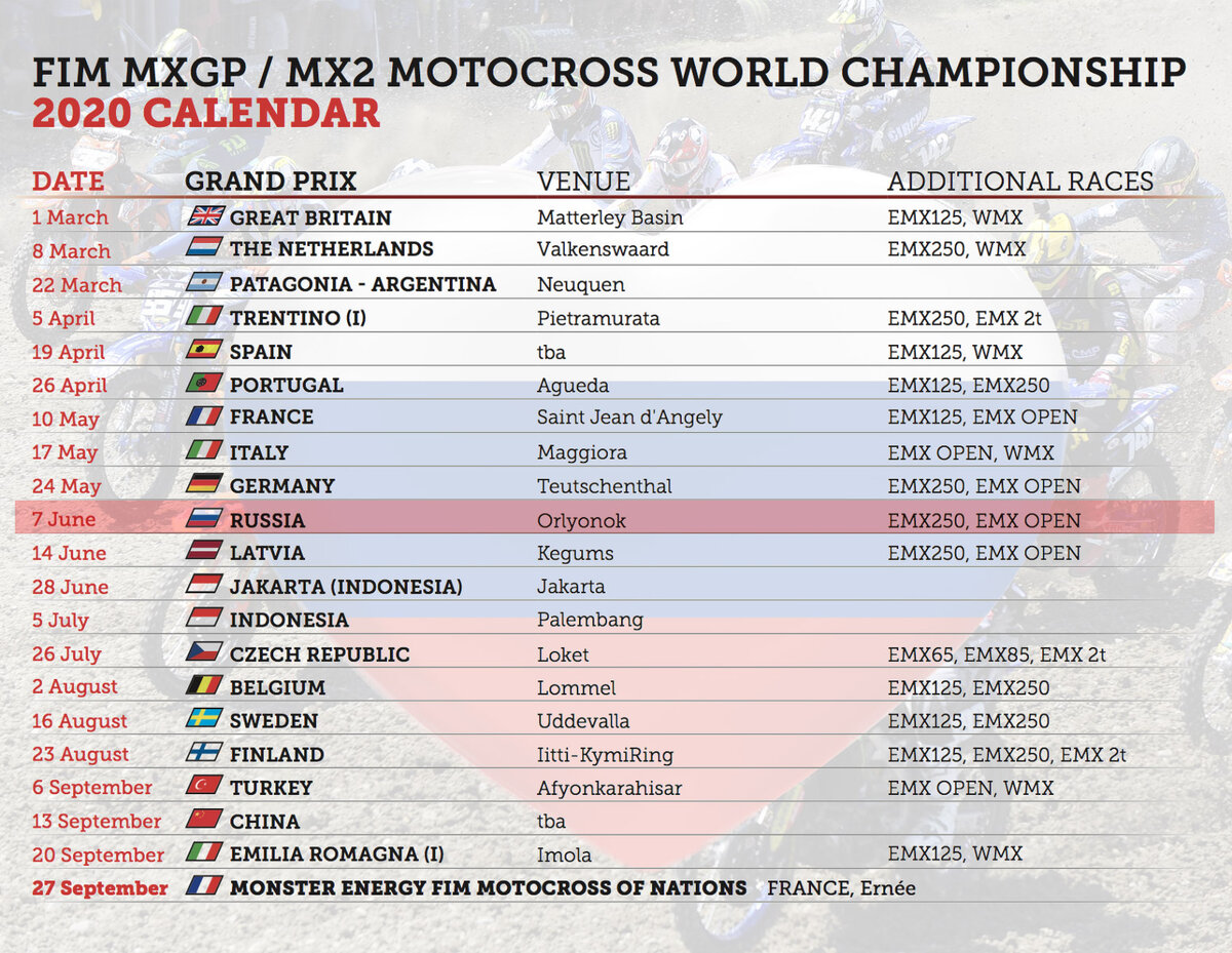 Утверждённый календарь MXGP 2020: www.mxgp.com