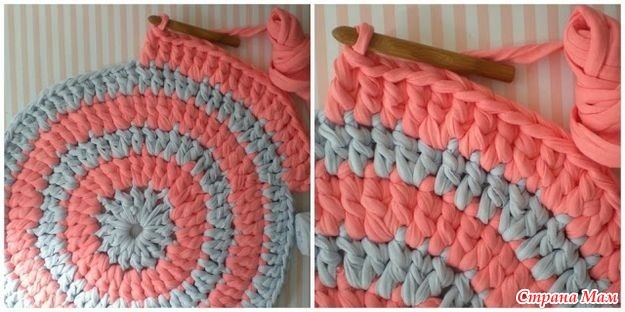 Фото из интернета. На правом фото видно, как последний столбик перекошен по отношению к предыдущему ряду. Если ничего не сделать и продолжить вязать дальше, коврик будет стягиваться и образует "шляпу". Нужно сделать прибавку. 