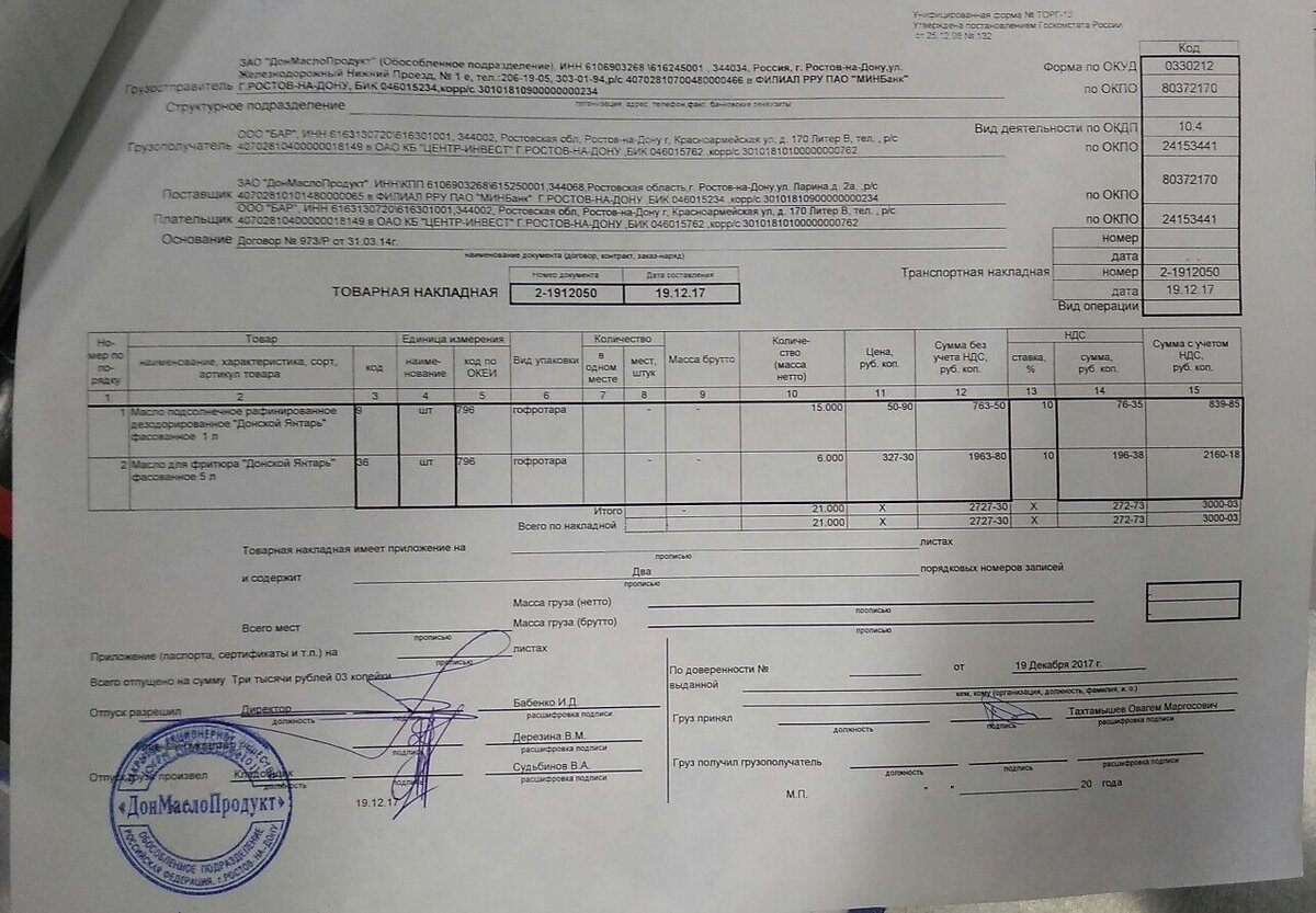 Товарная накладная на продукты питания заполненный образец