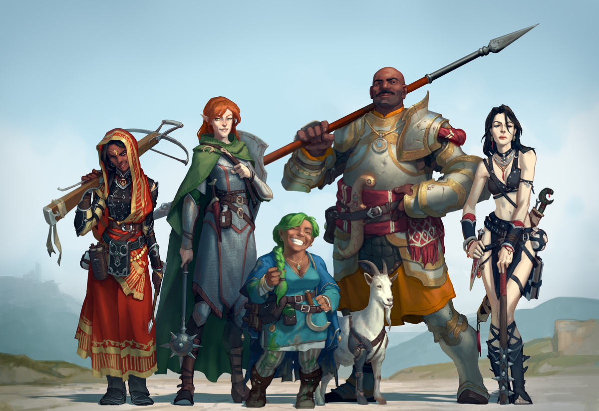 Герой двух миров. Патфайндер НРИ. Pathfinder Алдори. DND группа приключенцев арт. Группа приключенцев ДНД арт.