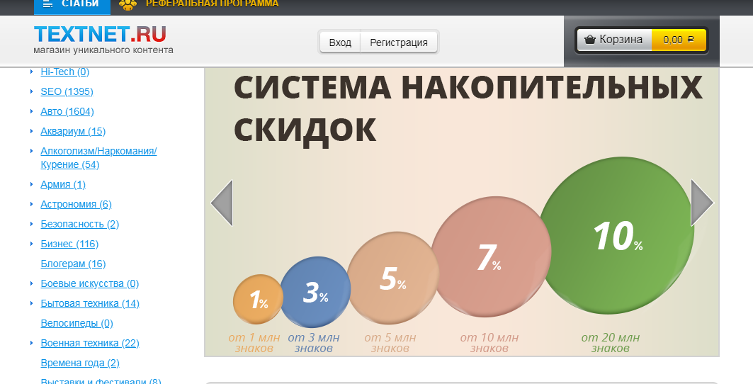 Секрет низкой стоимости и отличного качества статей сайта. Данные статьи  были написаны Фрилансерами для разных информационных ресурсов сайтов за полную рыночную стоимость. Но спустя какое-то время по каким-то причинам их проект/бизнес закрылся и сайт ушёл в архив. Статьи, которые находились на нем, были исключены из индекса и, таким образом, стали со временем уникальными. На сайте реально много статей, почти по любым тематикам. Статьи разбиты по рубрикам, что очень удобно для поиска контента. 