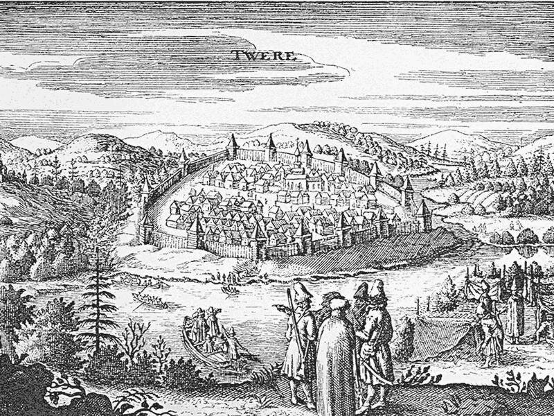 Тверь на гравюре из книги А. Олеария. 1656.