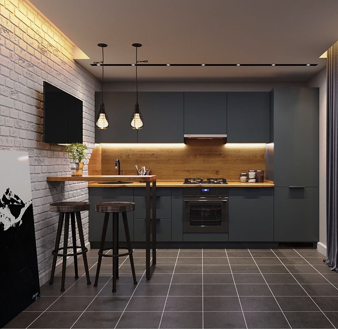 Интерьер серых кухонь в стиле лофт