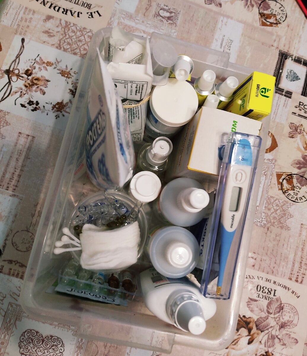 Так выглядит наша домашняя аптечка, все находится в пластиковом боксе и лежит в отдельном ящике вместе с документами Ватсона. 