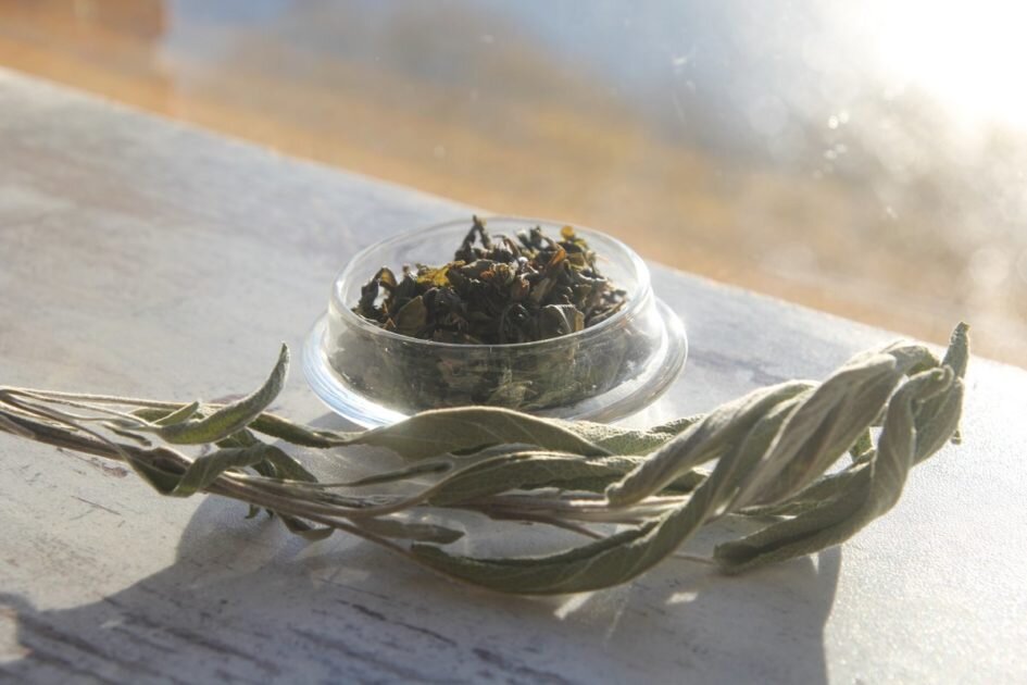 Зеленый чай и сушеные листья шалфея лекарственного. © Ольга Никандрова