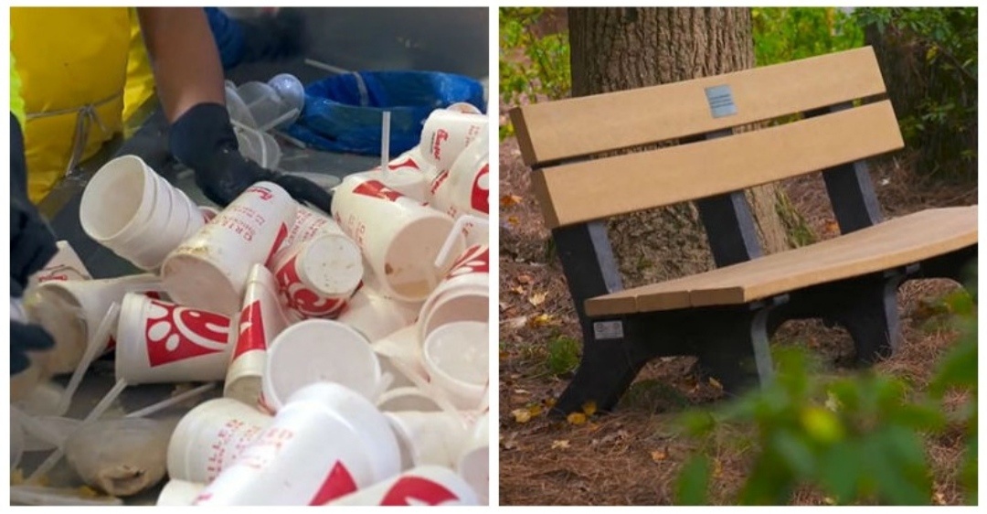 Американская сеть быстрого питания Chick-Fil‑A не выбрасывает использованные клиентами пластиковые стаканчики на свалку, а вместо этого превращает их в скамейки.