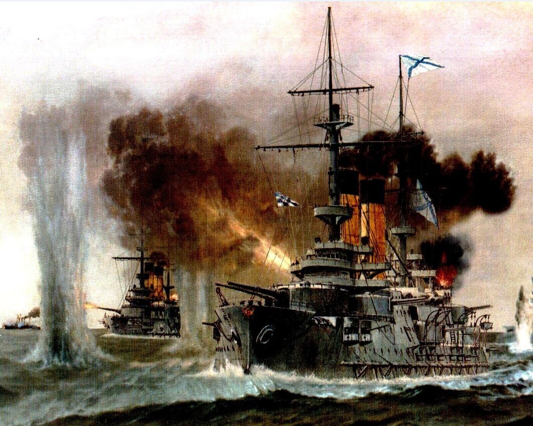 Броненосец типа "Бородино" в бою.