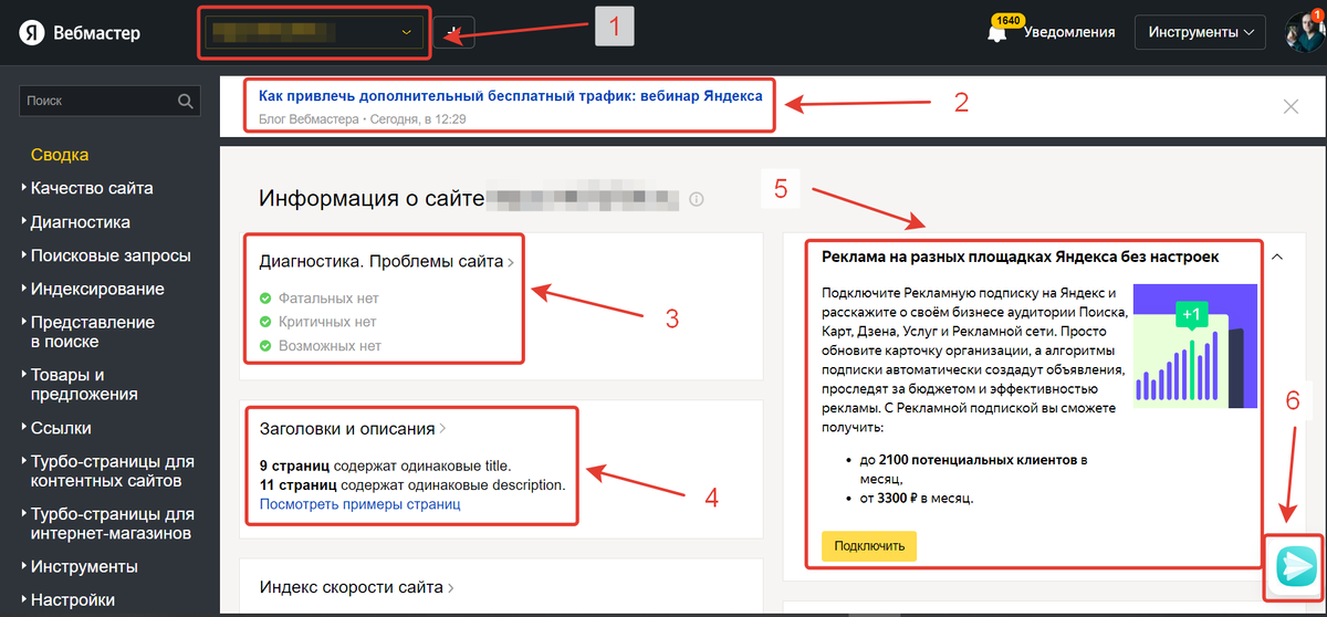 Блок Сводка в Яндекс Вебмастере