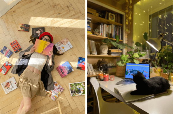 Фото слева сделано у балконной двери, где хороший свет для фотосессий. А справа — мое рабочее место