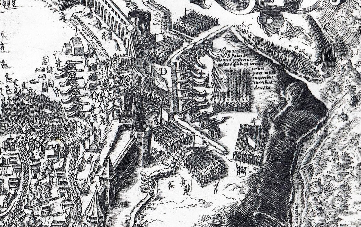 Гравюра "Штурм Смоленска 13 июня 1611 г." Arcis Smolensk Eiusque Expugnatoris Qua die 13 Iunii Anno 1611 ab obsidione Mense 20 eventu prospero est facta Delineatio, Miedz.; 44x29 см (изображение с обрезанными краями), место издания неизвестно, 1611 года, рез., вероятно, Яков Филип из мастерской Томаша Маковского, рис. Ф. Шемберг, De Agostini Picture Collection, №DAE-11216119