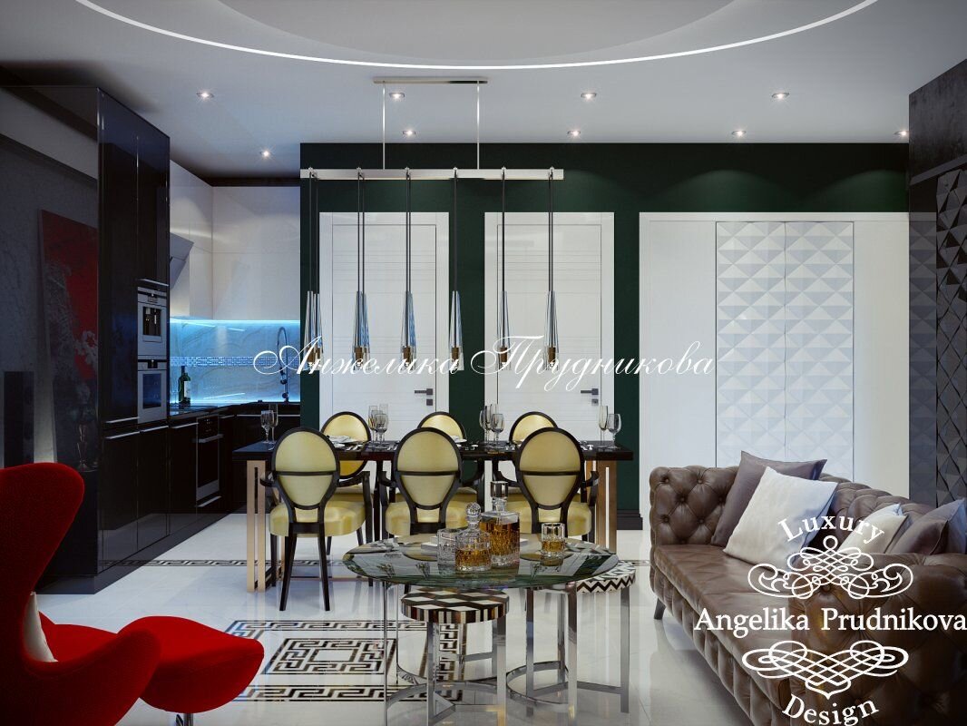 На фото: Классический интерьер кухни-гостиной со столовой зоной