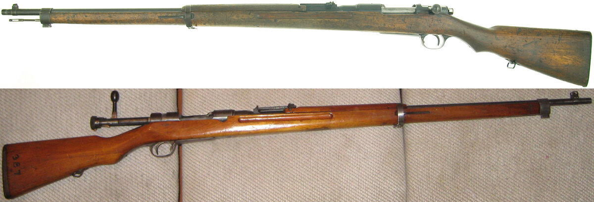 Винтовки Arisaka Type 30 (сверху) и Arisaka Type 38 (снизу) (фотоколлаж с использованием фото от Antique Military Rifles и Ca.garcia.s [CC BY-SA (https://creativecommons.org/licenses/by-sa/3.0)])