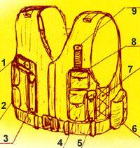 
1 - Запасная обойма к ПМ,
2 - 2 магазина к СВД,
3 - Мини-фонарь или ХИС,
4 - перевязочный пакет и жгут,
5 - Универсальный складной
нож «Сталкер»,
6 - Два магазина к СВД,
7 - Регулировка по объему,
8 - Аптечка,
9 - Боевой нож «Пластун»