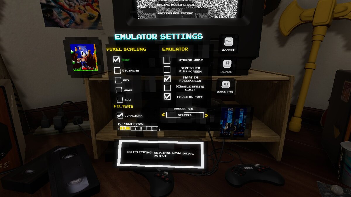 Настройки симуляции. Pixel scaling - позволяет сделать настройку изображения ТВ как у вас. Иконка меняется с принятием настроек. Полоски во время игры - можно заменить на изображения внутри симулятора.
