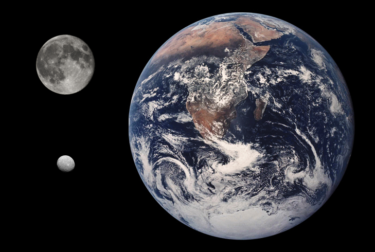 Фото: wikipedia / Сравнение размеров Цереры (внизу слева) с размерами Луны (вверху слева) и Земли