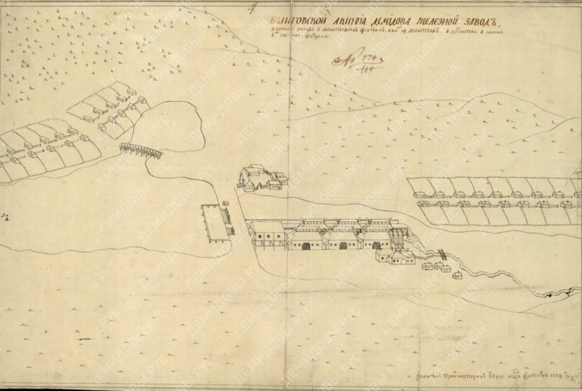 План Быньговского железоделательного завода А. Демидова. Рукописный. 1734 г.    Архивный шифр: ГАСО Ф.59.Оп.7.Д.236 (Из открытых источников).