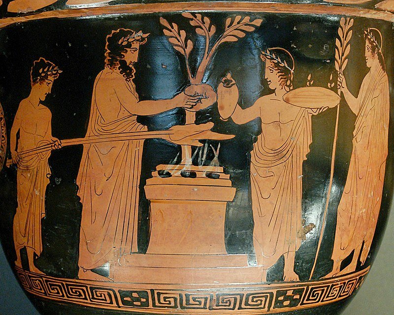 Жертвоприношение. Фото: Pothos Painter . Marie-Lan Nguyen (2006) Sacrifice scene. Attic red-figure krater, ca. 430 BC–420 BC. Found in Athens.