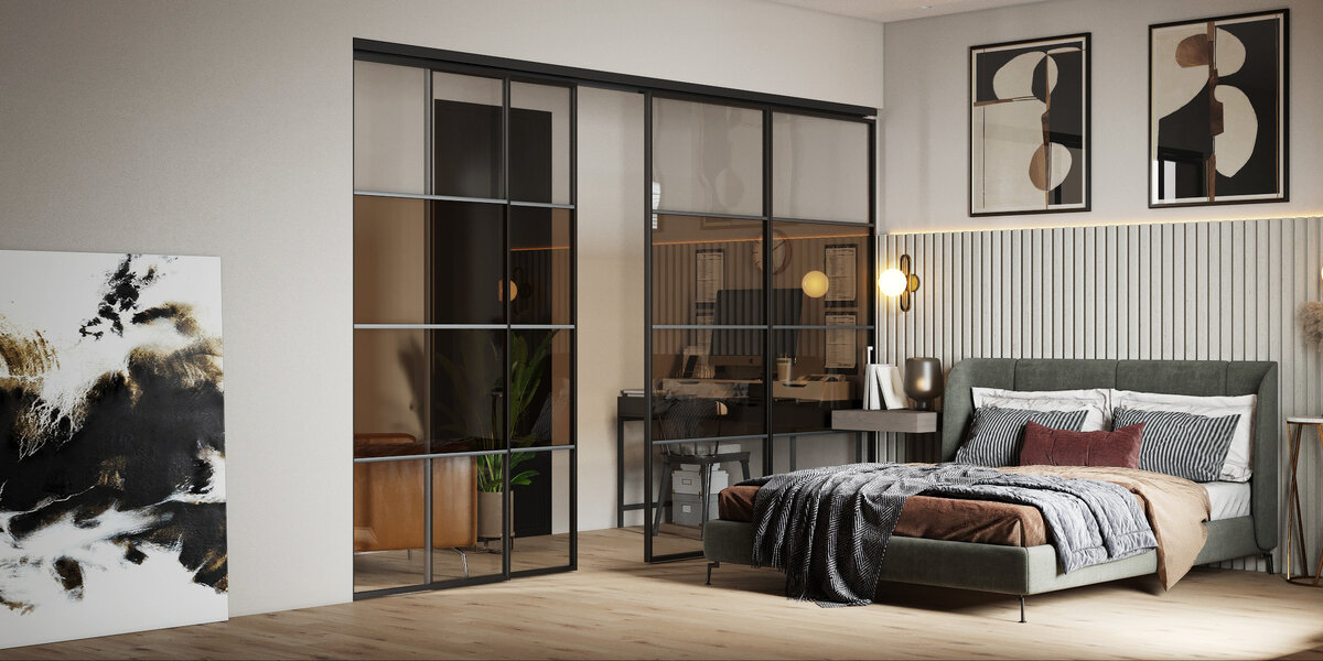 Перегородка Divisorio зонирует комнату на две зоны - рабочую и зону отдыха.