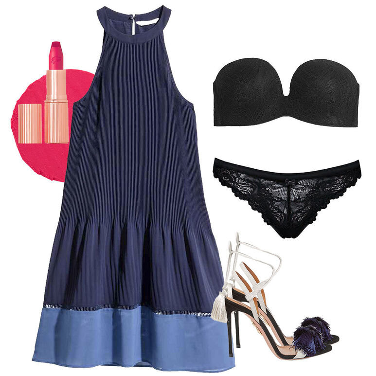 Платье H&M, бра Intimissimi, трусики Triumph, босоножки Aquazzura, помада Charlotte Tilbury