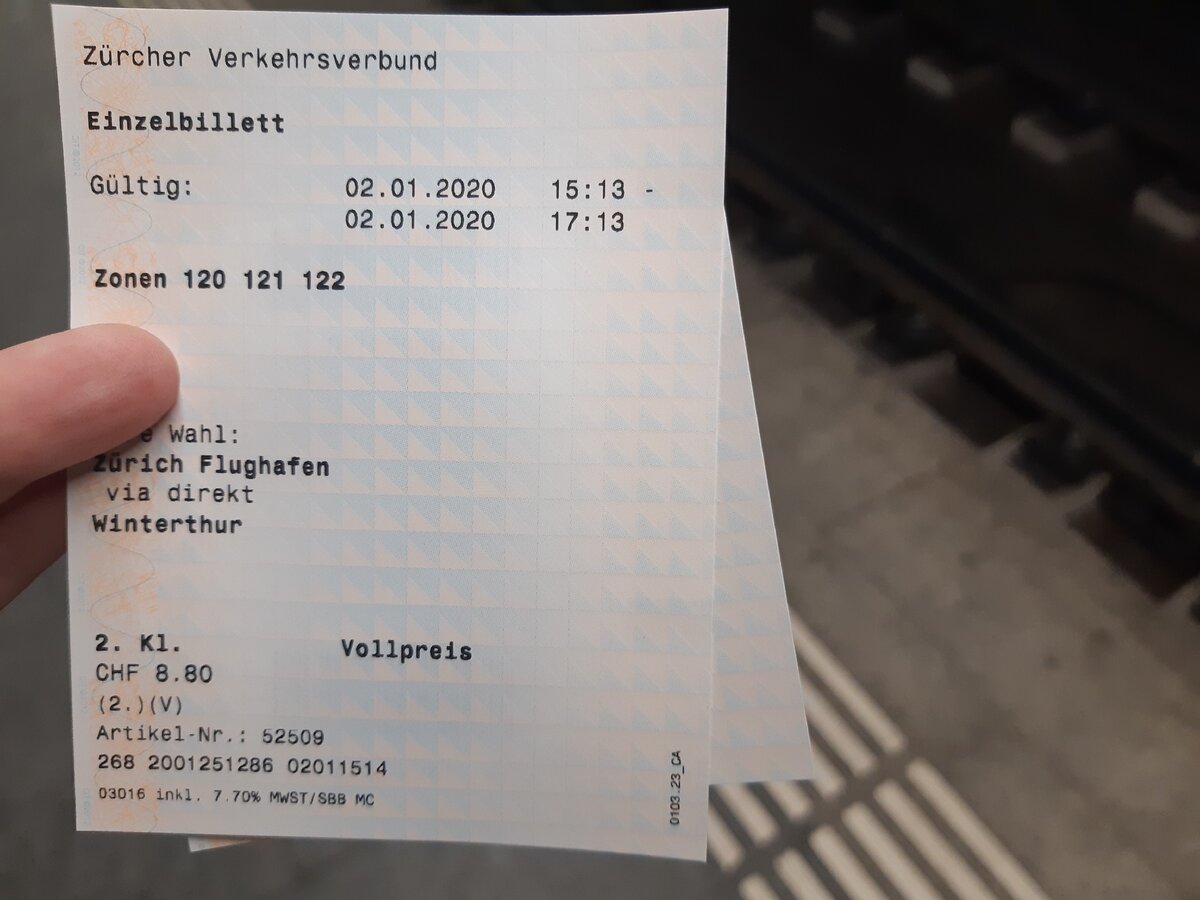 Билет из Цюриха в Винтертур.