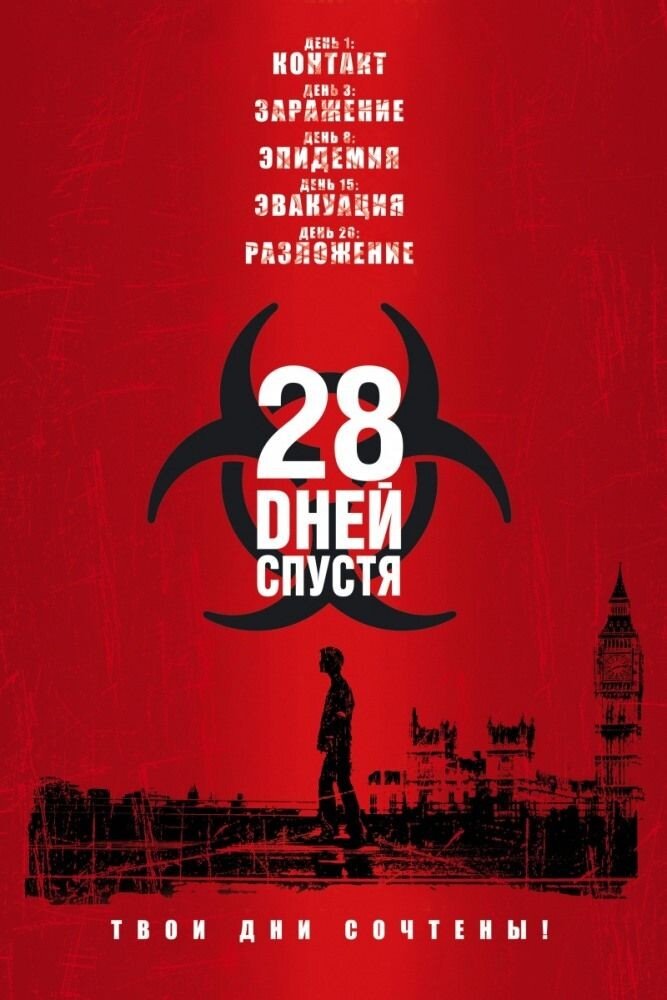 28 дней спустя (2002год).
Джим приходит в себя после длительной комы в Лондонской больнице и обнаруживает, что кроме него во всем городе, похоже не осталось живых людей. Он узнает, что по Великобритании со страшной скоростью распространился жуткий вирус, превративший всех зараженных в плотоядных монстров.
Качественный, завораживающий фильм ужасов, буквально парализующий ощущением наползающего липкого страха.