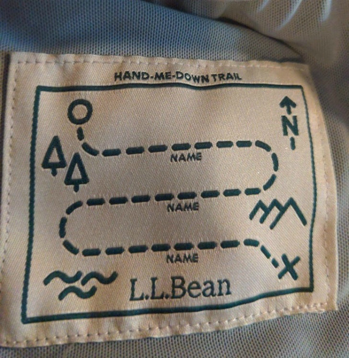 
Этикетка с полями для имен. 
Ярлык на детской кофте с тремя полями для имен, который намекает, что вещь со временем можно передать другому владельцу.
