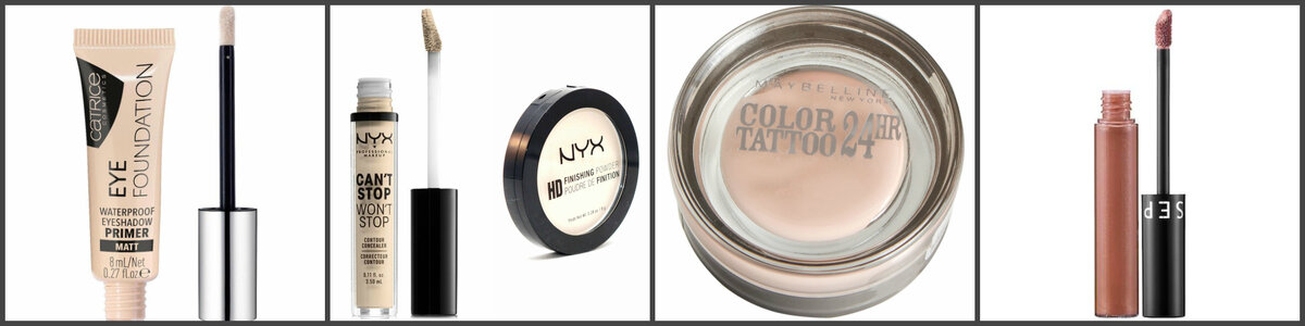 1.Праймер под тени       2.Консилер и пудра          3.Кремовые тени           4. Матовая помада