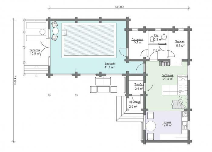 Планировка бани с бассейном