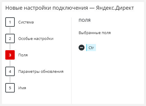 Скриншот K50:BI из настроек подключения Яндекс.Директ с выбранным полем CTR 