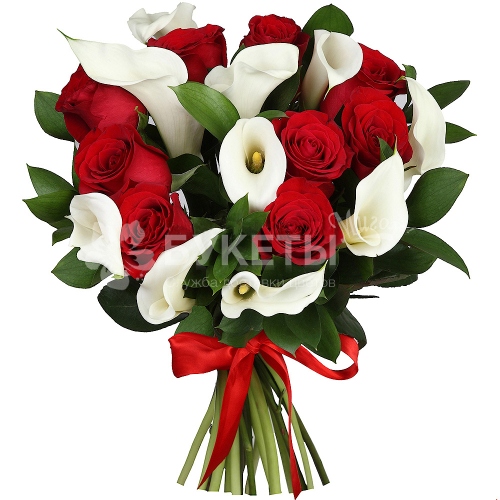 Белые каллы и красные розы