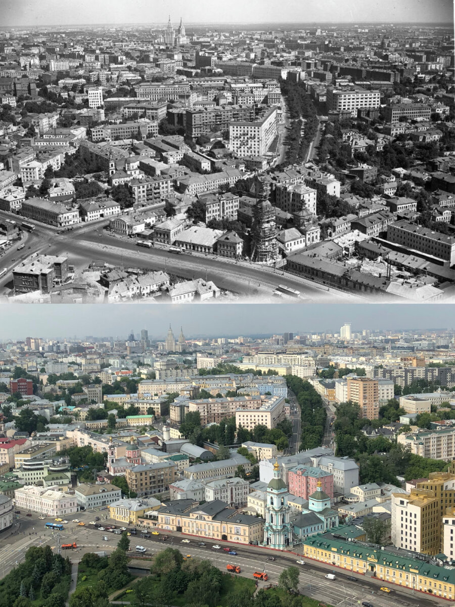 Вид на Москву с высоты птичьего полета в 1960 году и 2021 году! #209 |  Now&Then Russia | Дзен