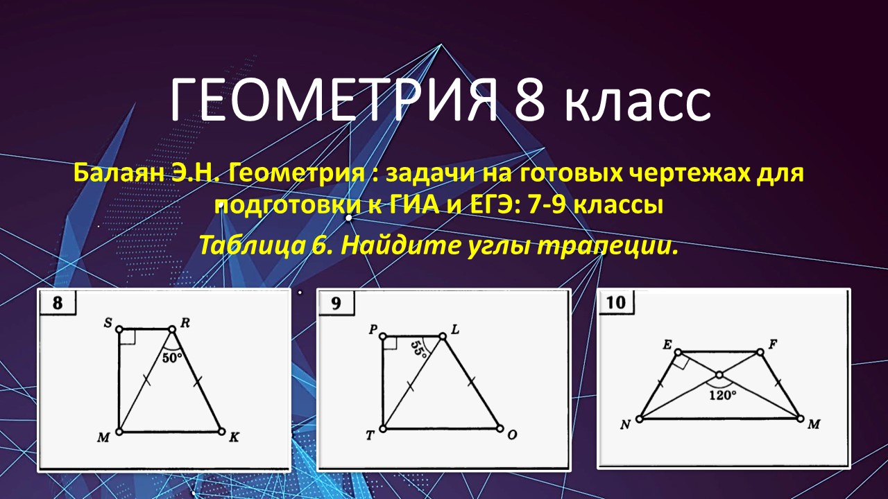 Геометрия 8 класс. Ищем углы трапеции по готовым чертежам к №№ 8, 9, 10