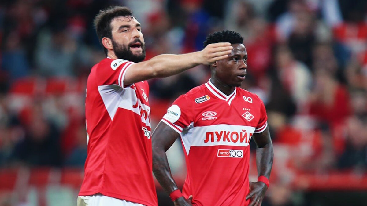    Георгий Джикия и Промес во время игры с "Ахматом". Фото: пресс-служба ФК "Спартак (Москва)