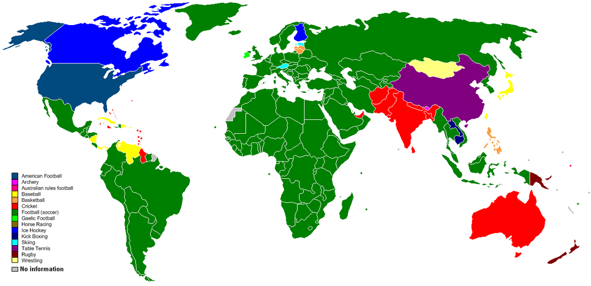Карта самых популярных видов спорта в странах мира
