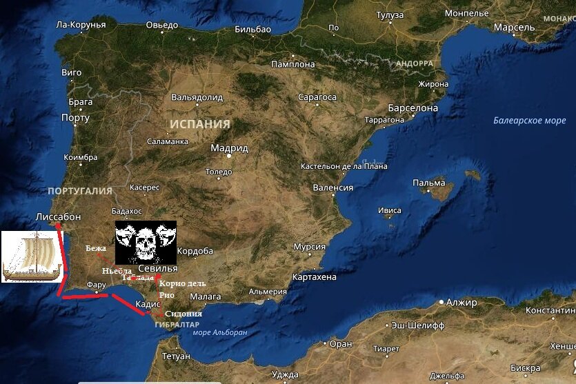 Карта похода маджусов (норманнов-русов) в Испании.