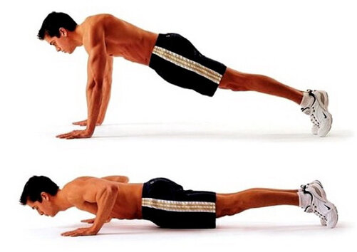 Стандартное отжимание.  Принимаем упор лежа, тело абсолютно ровное без прогибов, руки чуть шире  груди, но не более. Делаем вдох, сгибаем руки, выдох выпрямляемся.  Следим за дыханием и помним, что оно играет важную роль в тренировке!  Пола касаться не стоит.