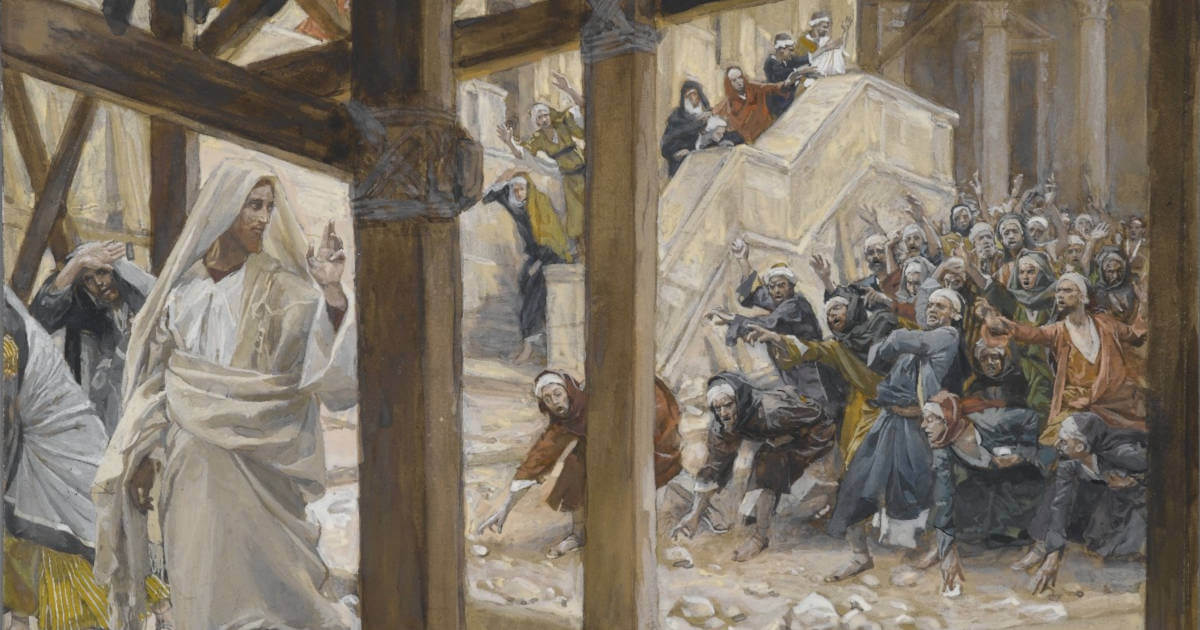 Джеймс Тиссо. «Иудеи взяли камни, чтобы забросать Иисуса»
Источник: https://commons.wikimedia.org/wiki/File:Brooklyn_Museum_-_The_Jews_Took_Up_Rocks_to_Stone_Jesus_(Les_juifs_prirent_des_pierres_pour_lapider_Jésus)_-_James_Tissot.jpg
