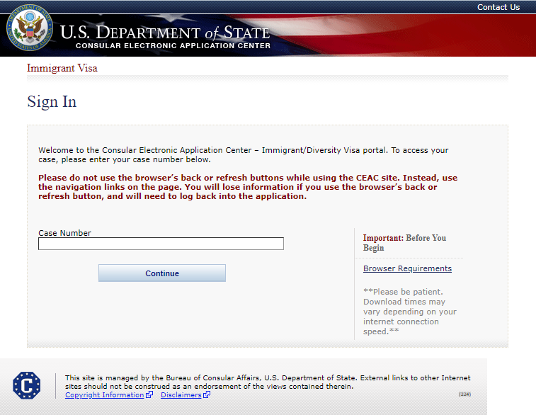 Страница входа для заполнения формы DS-260