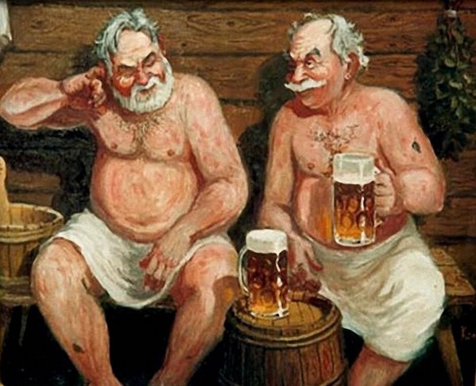 Пьем пиво в бане. Картины для бани. После бани. Картины в баню прикольные.