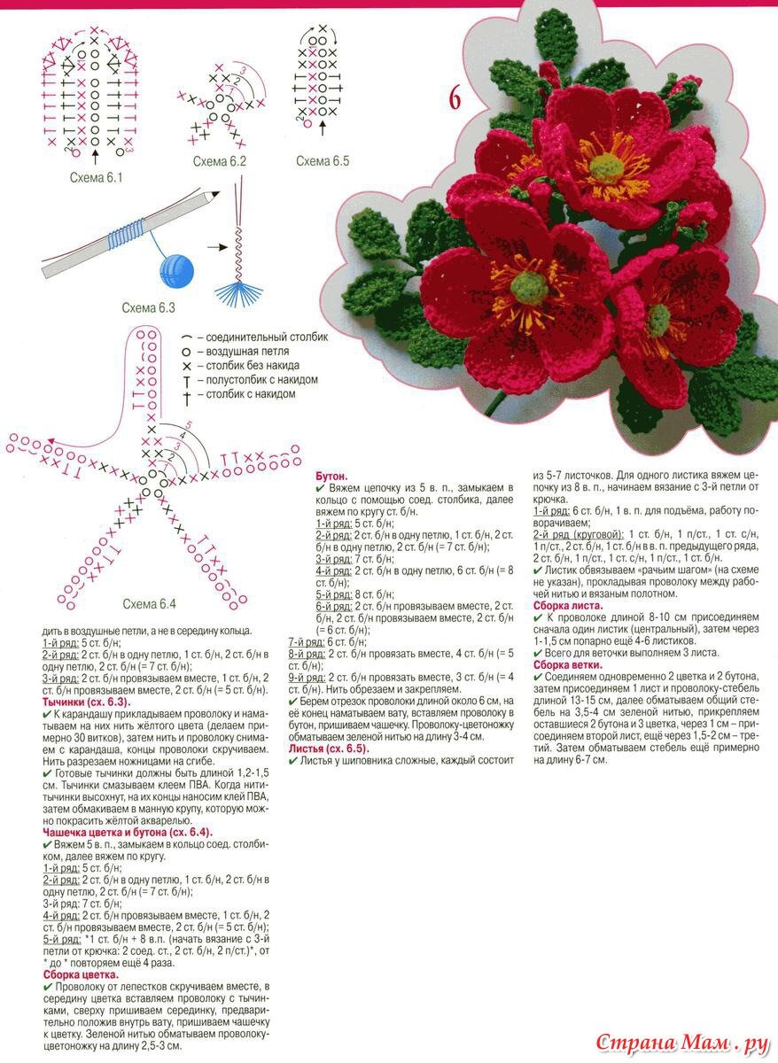 Схема вязания цветов и листьев