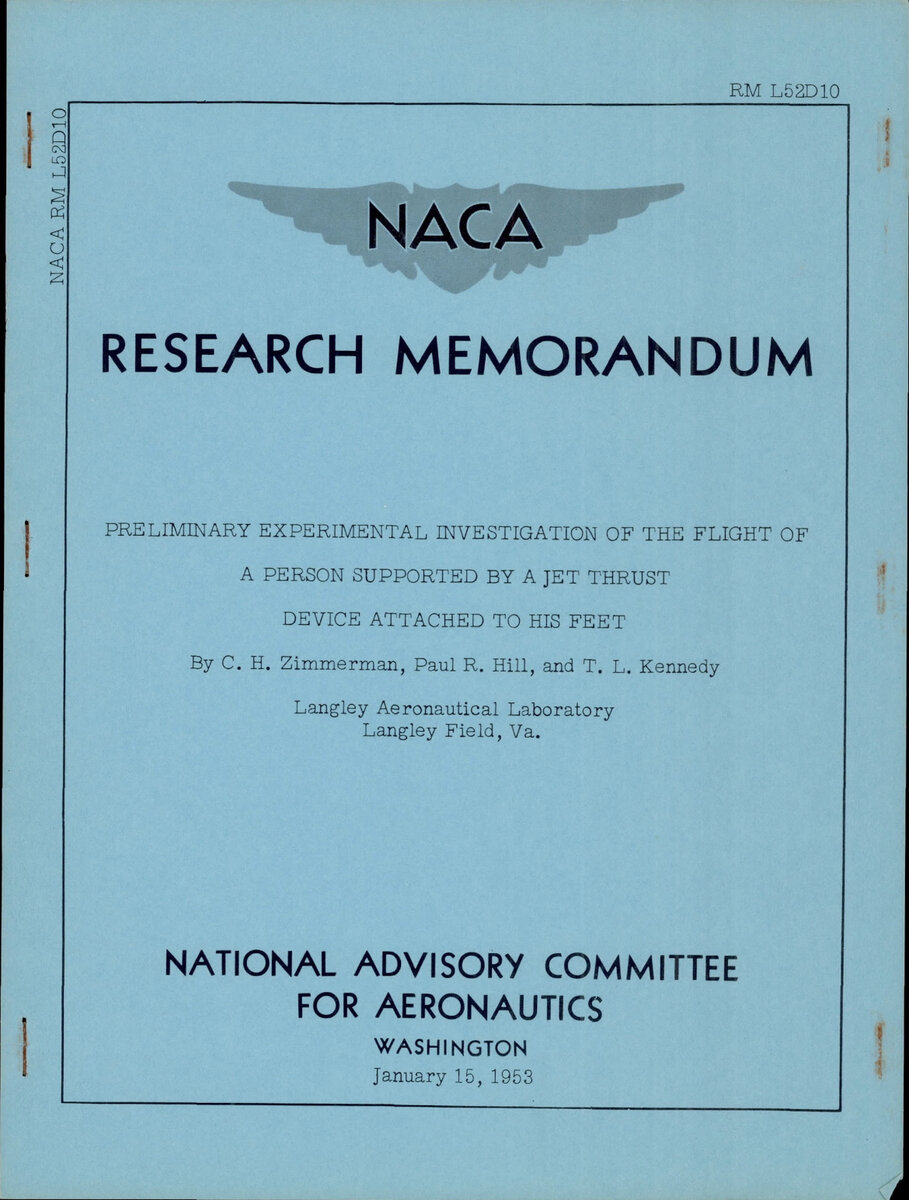 Исследовательский меморандум 1953 года об экспериментальных полетах с помощью векторной (реактивной) тяги, источник которой закреплен на ногах пилота.