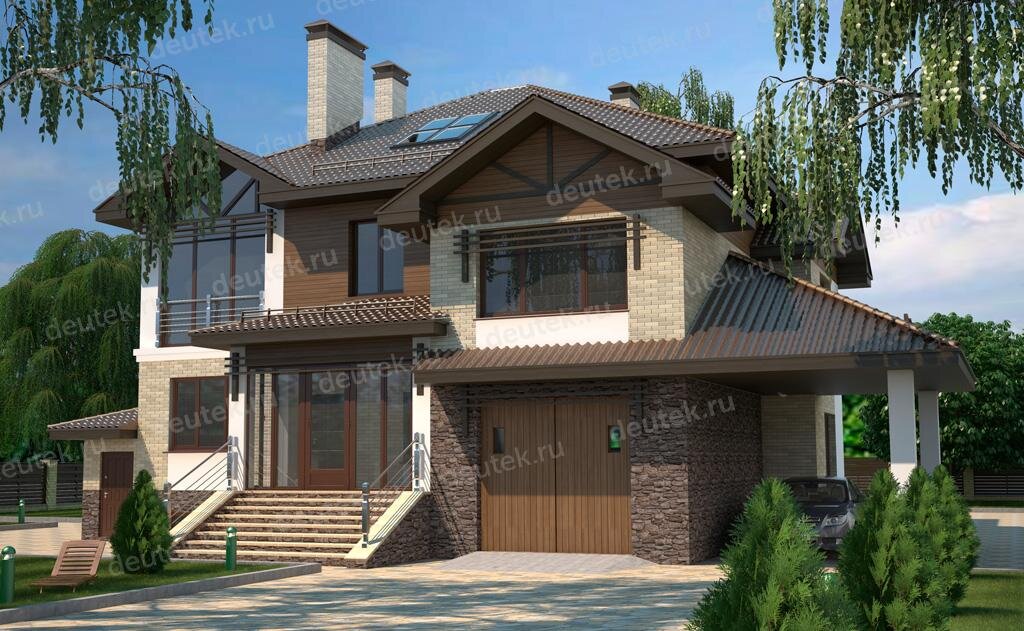 Проект дома 455 м2 с мансардой, цокольным этажом, гаражом и террасой - DT0322