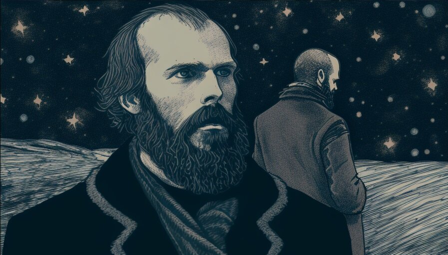 "Достоевский держит парня за плечо 3" (изображение сгенерировано нейросетью "Midjourney")