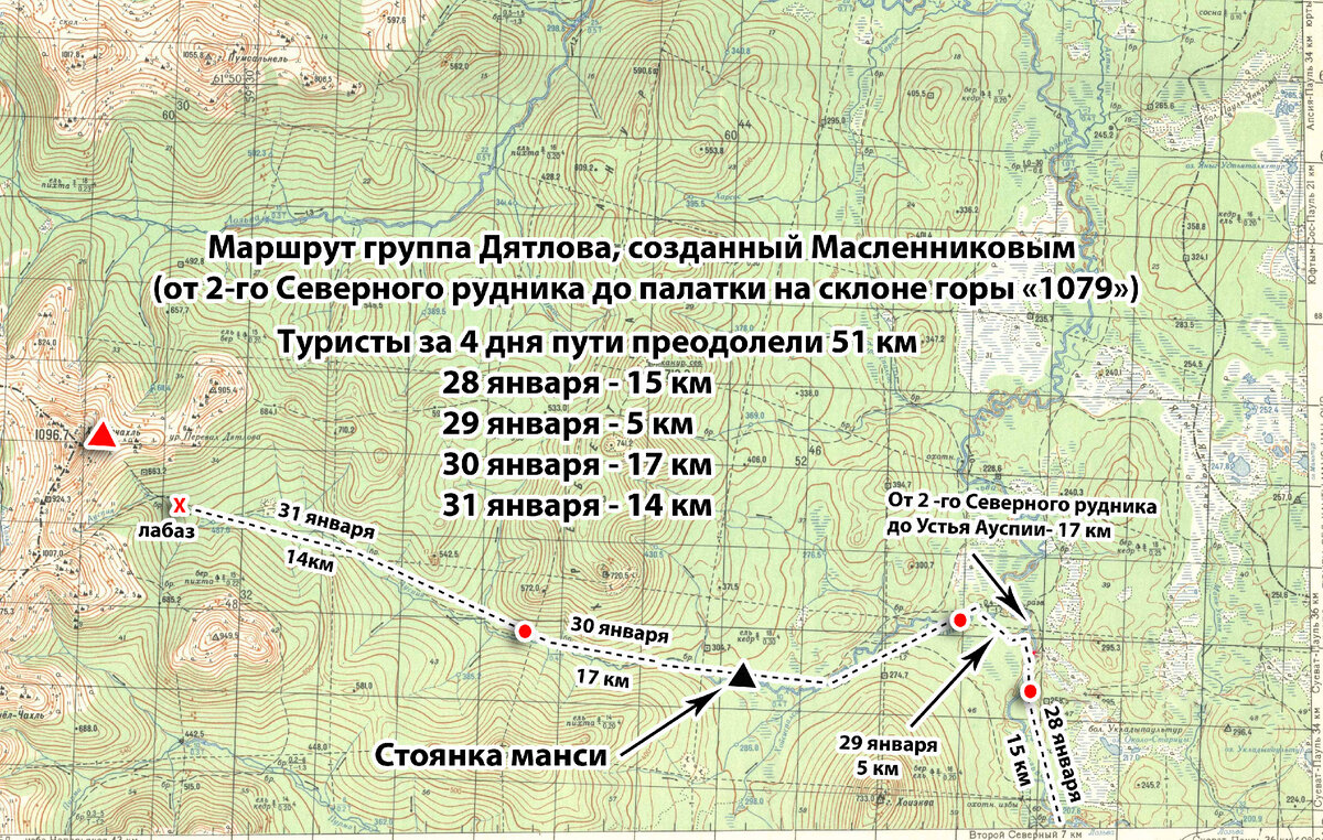 Маршрут группы Дятлова, по мнению Евгения Масленникова.