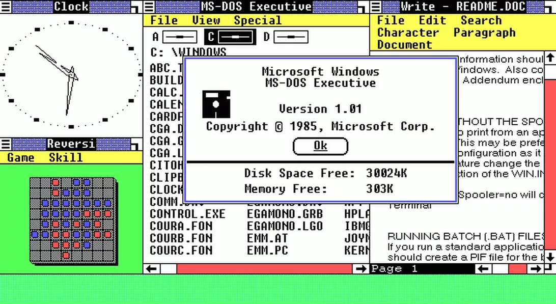 Windows 1 картинки. Windows 1.0x (20 ноября 1985). Windows 1.0 - 20 ноября 1985 года. Windows 1.0 – 1985 год. Интерфейс операционной системы Windows 1.0.