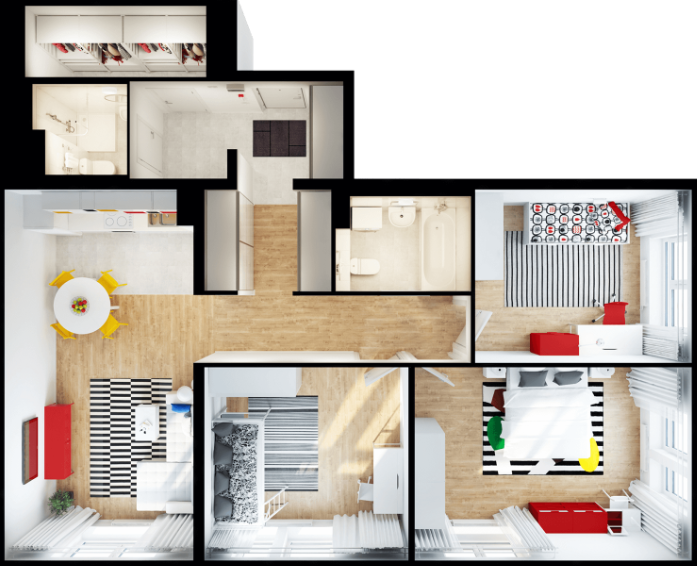 В такой квартире есть гардеробная и предусмотрено место минимум для трёх шкафов-купе. Будет где сложить вещи, даже если в семье пять человек