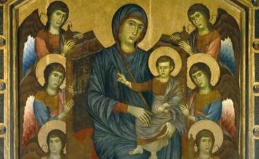 Мадонна с Младенцем в Величестве в окружении ангелов, от Симабю, в Лувре в Париже