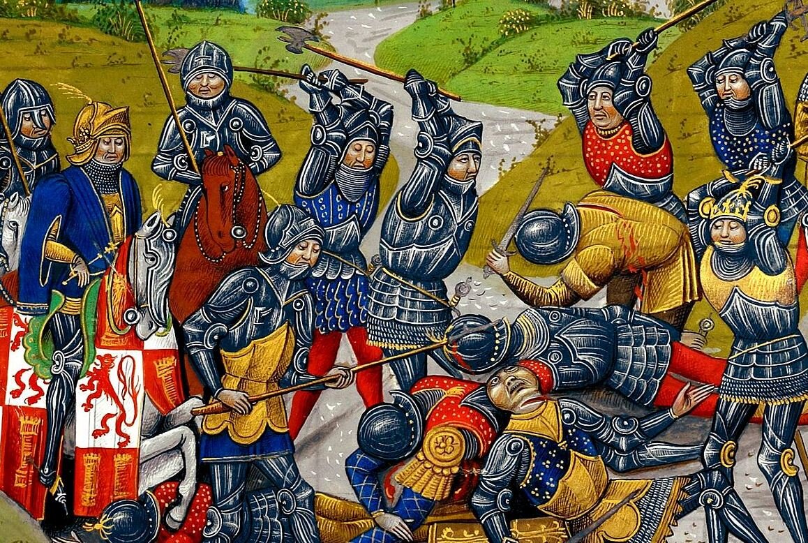 Сражение при Алжубарроте. Слева - король Хуан I Кастильский. Миниатюра из Староанглийских хроник.