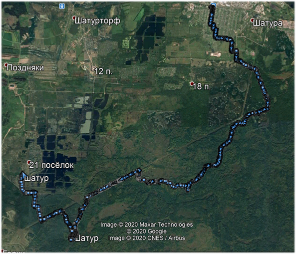 Изображение маршрута от Шатуры до 21 посёлка.