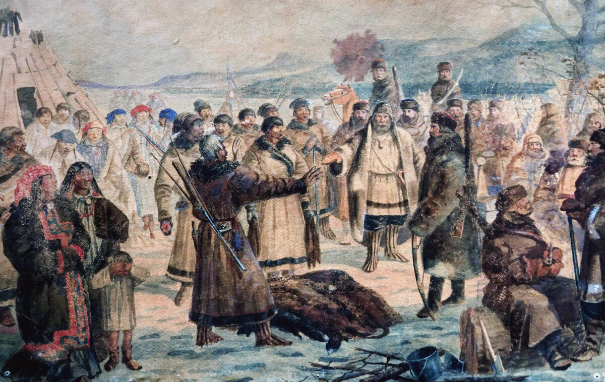 Сбор пушнины, Сибирь. Рисунок неизвестного автора.